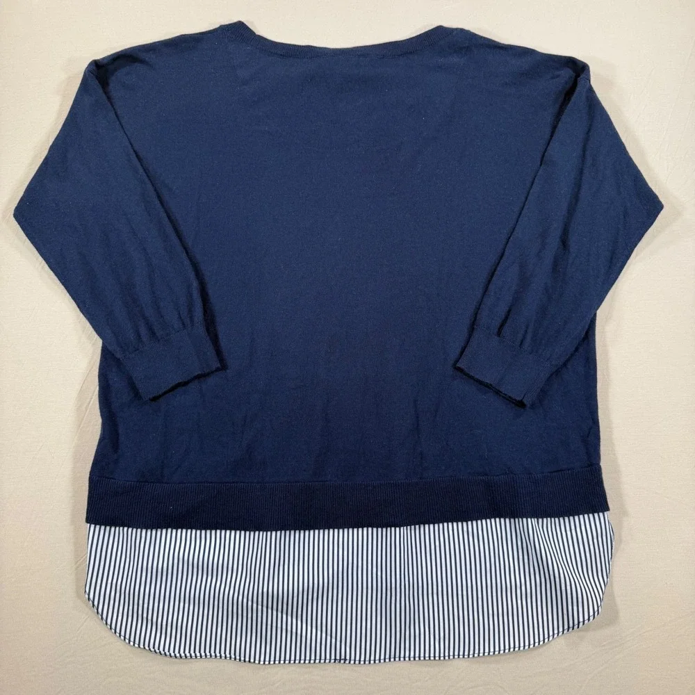 Lauren Navy Blue Layered Look Striped Hem Sweater‎ XL Womens 3/4 Sleeve